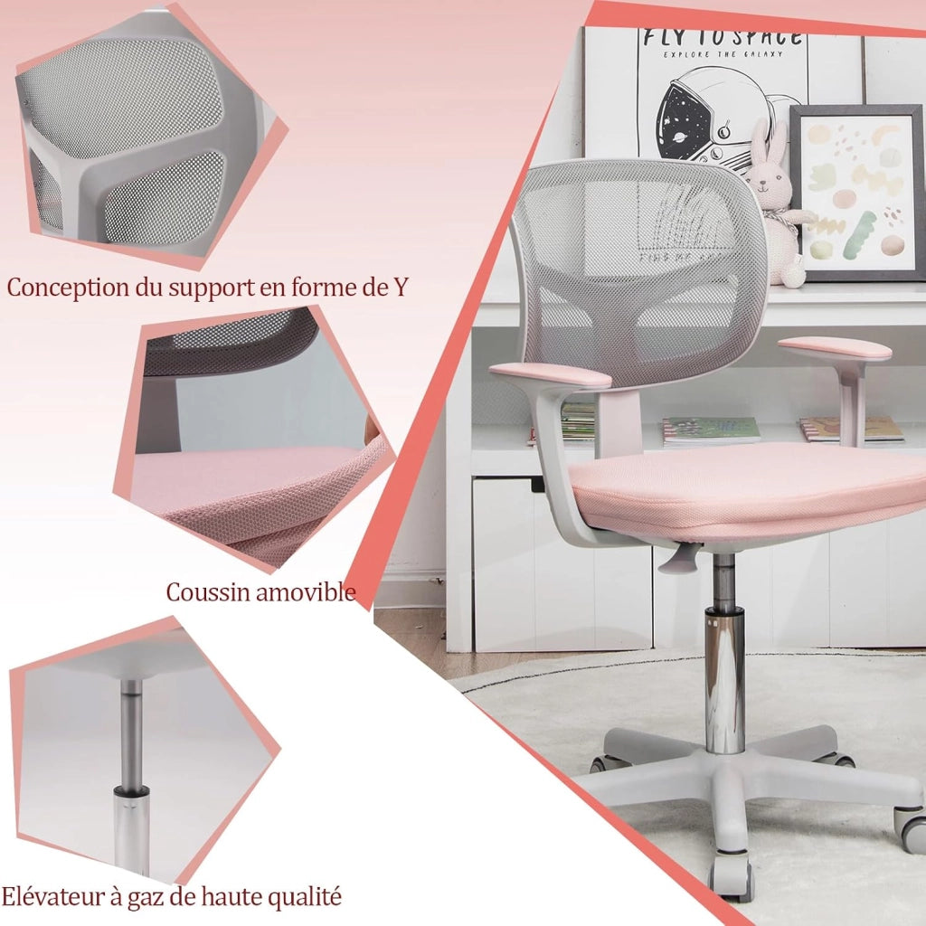 Sedia da scrivania per bambini, girevole a 360°, con seduta regolabile in altezza, 40-54 cm, per bambini, con schienale, braccioli e ruote, per bambini dai 3 ai 10 anni (rosa)