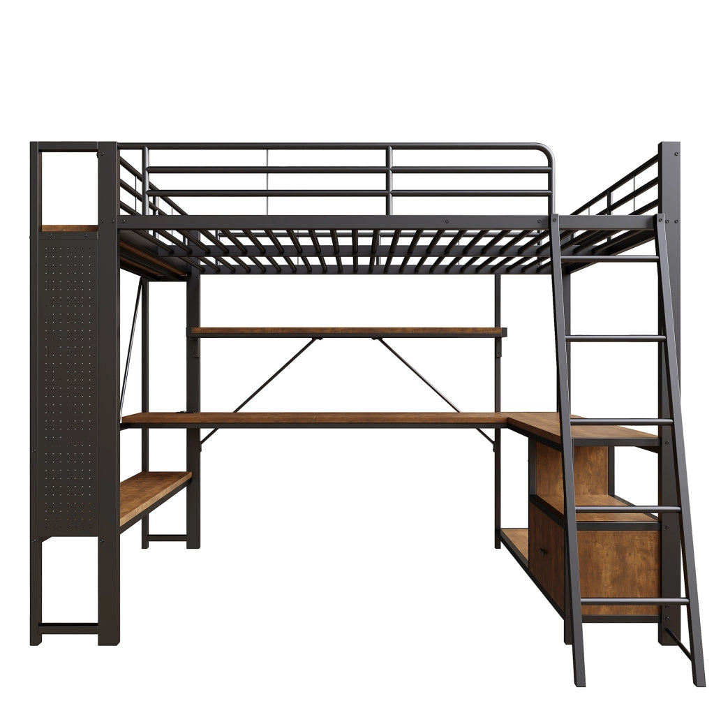 Letto a soppalco 140x200 cm con scrivania, LED e ripiani nero HAVRYA