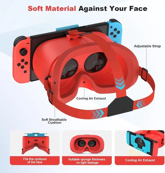Adatto per VR-headset Nintendo Switch e modelli OLED, occhiali VR con lenti HD regolabili, cintura confortevole, Adatto per gaming VR 3D Nintendo Switch OLED, adatto per bambini ragazzi-Rosso