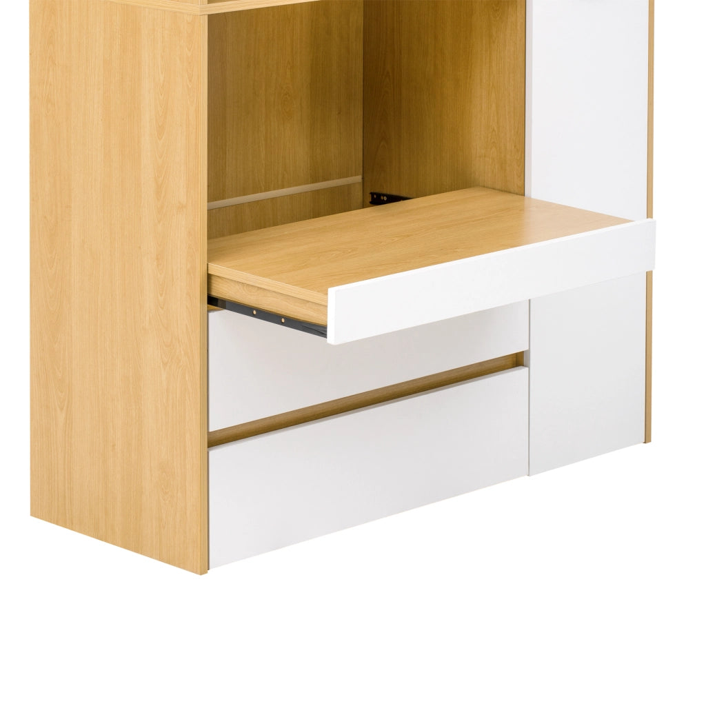 Credenza alta con ante in vetro rigato, cassetti e ripiani estraibili in MDF bianco e naturale 100 × 40 × 200 cm