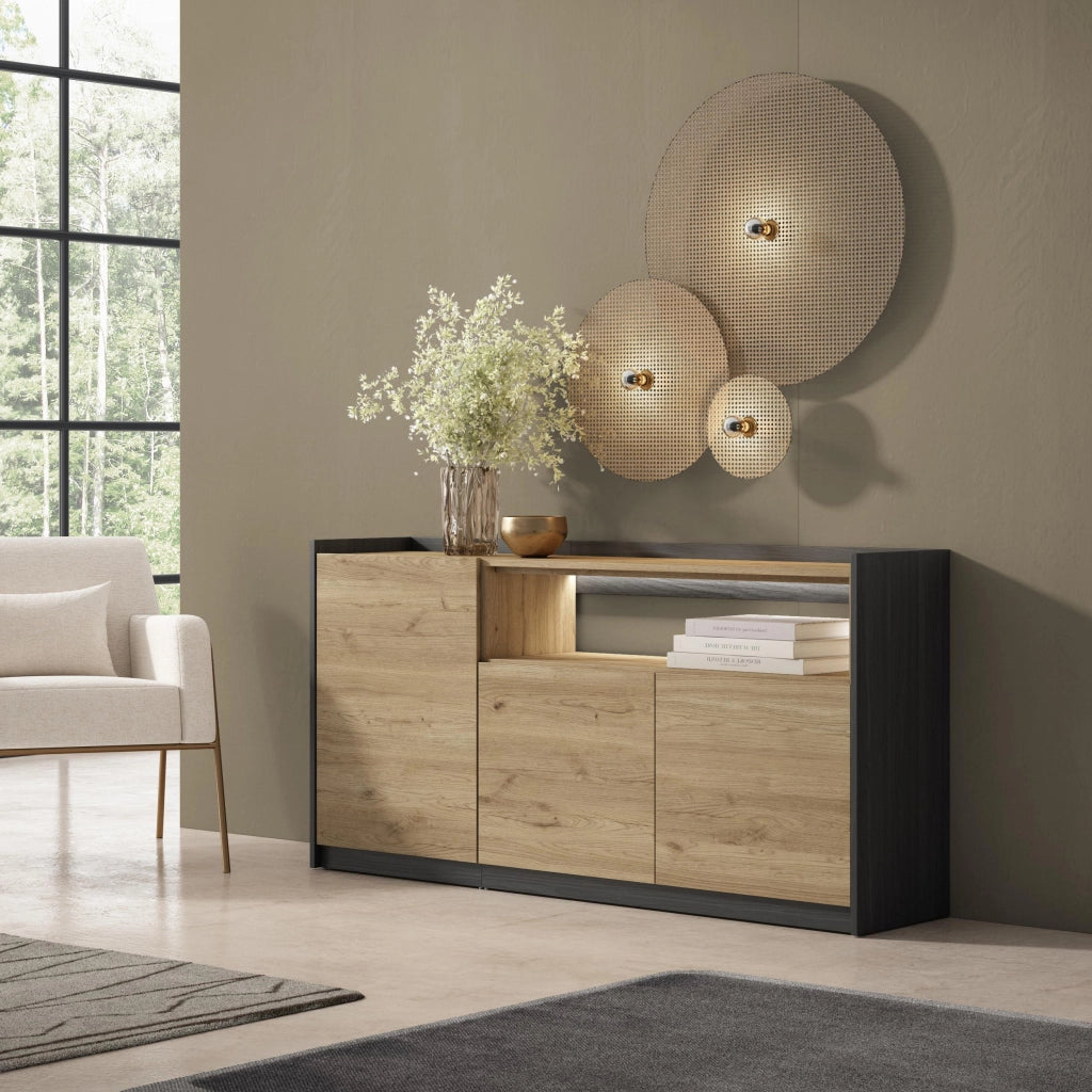 Credenza, Mobile, Cucina, 156x80x37 cm, 3 Porte, LED, Rovere e nero