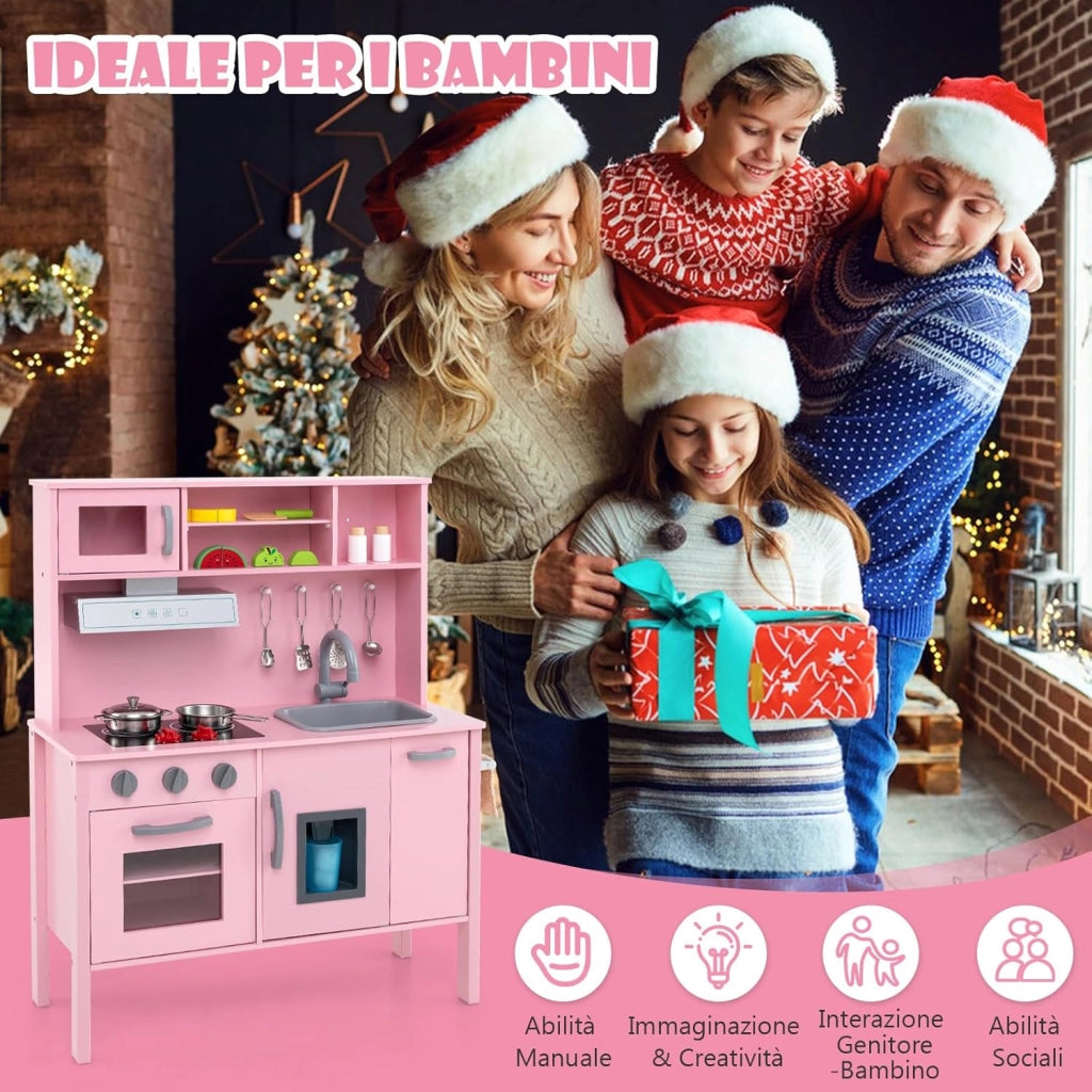 Cucina Giocattolo per Bambini in Legno, Cucina per Bambini con Microonde, Cappa Aspirante, Forno, Macchina del Ghiaccio, Lavello e Rubinetto, Manopole con Suoni, per 3-6 Anni (Rosa)
