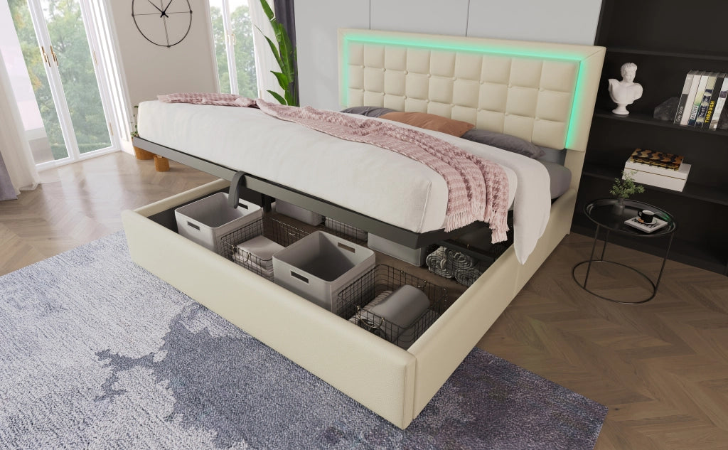 Letto contenitore matrimoniale 140 × 200 cm con illuminazione LED, vano idraulico e materasso incluso, bianco