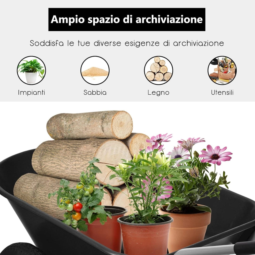 Carriola con 2 Ruote da Giardino, Carrello Resistente con Struttura in Acciaio Robusto, Ruote Pneumatiche 35,5 cm, Capacità 75L, Portata Max 100 kg (Nero)
