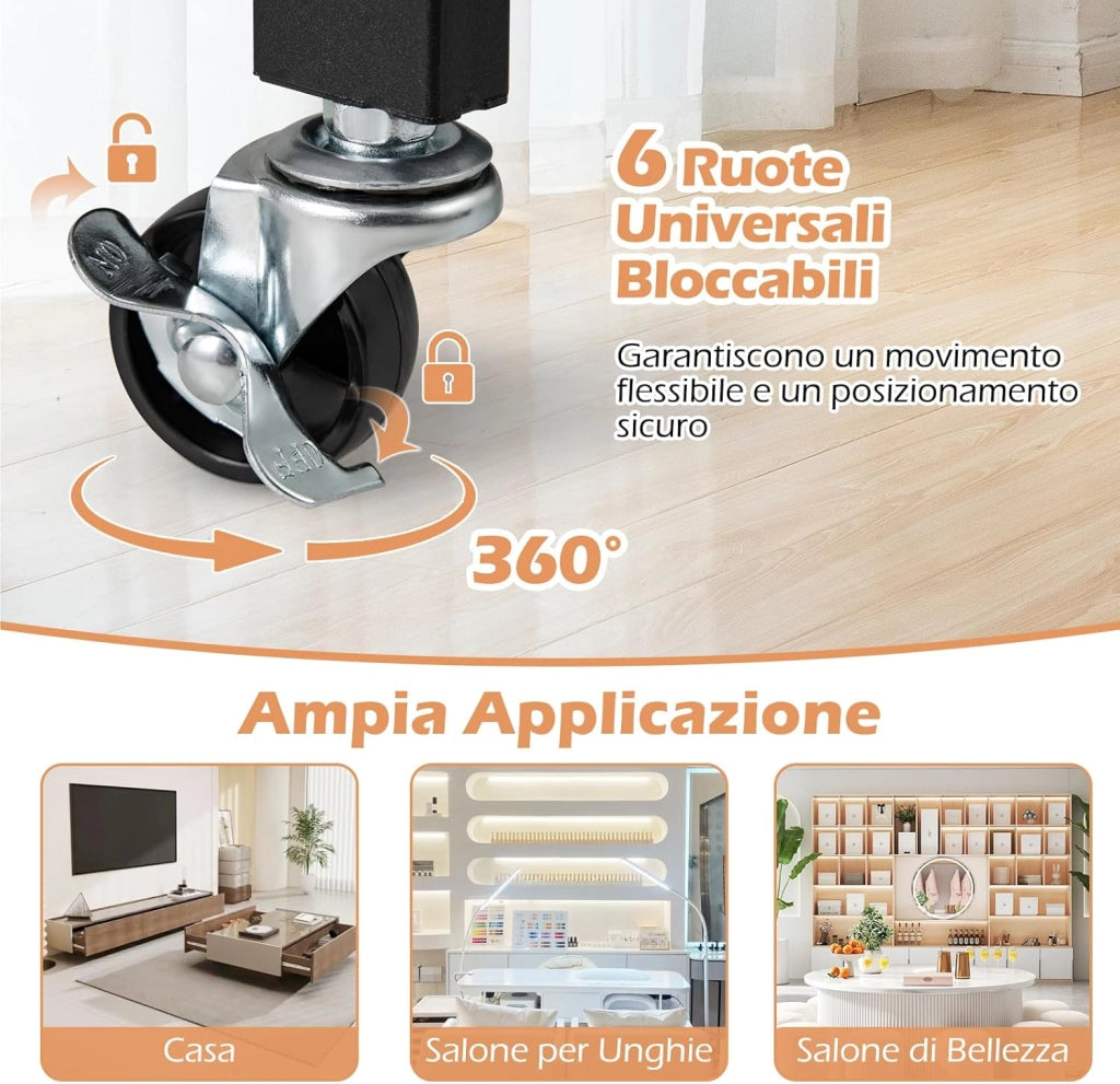 Tavolo Manicure con Aspiratore, Tavolo per Unghie con 6 Ruote Bloccabili, Sacchetti per Polvere, Armadio Chiudibile con 4 Vassoi, Poggiapolsi, Lampada LED e Cestino Metallico, 90x79x45cm