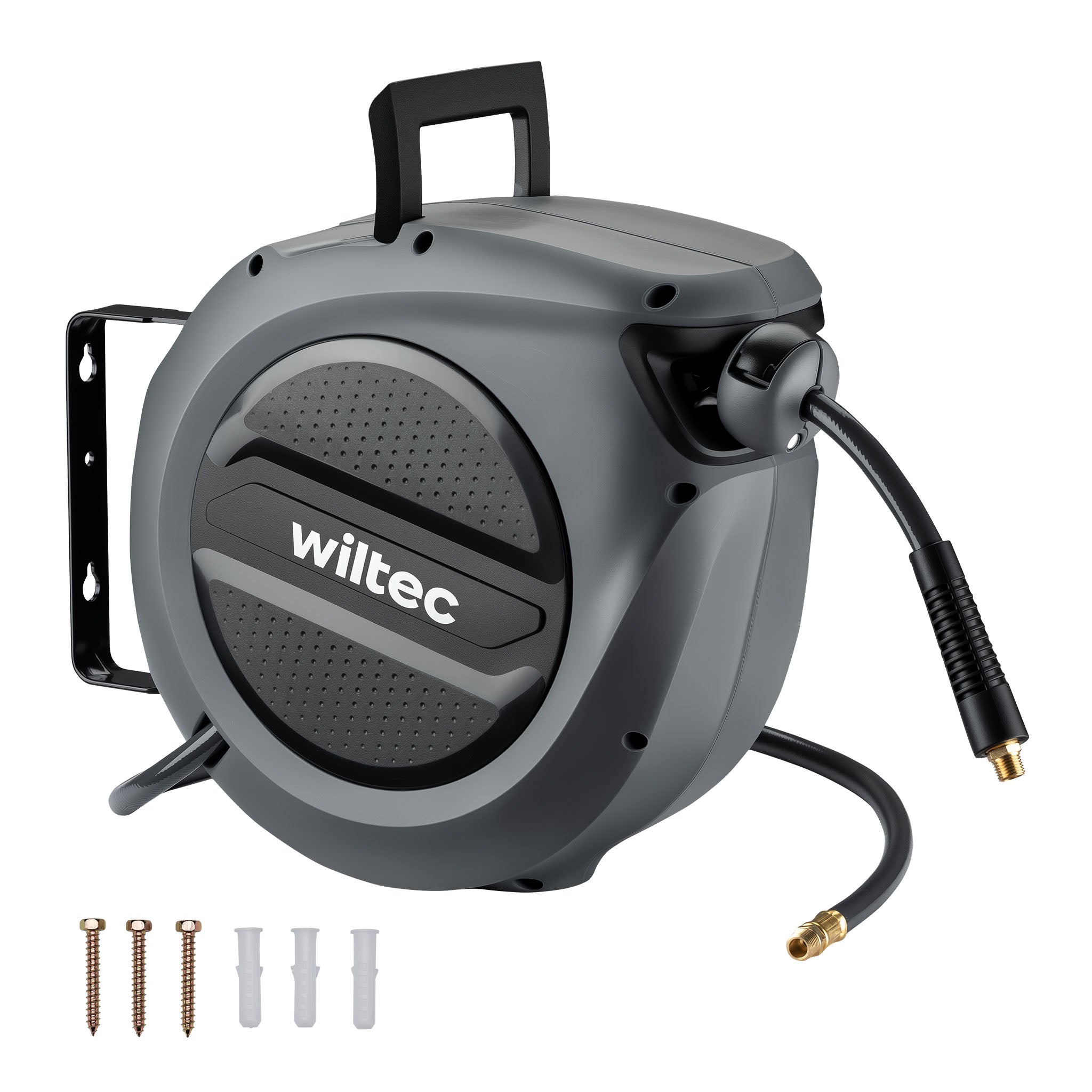 Avvolgitubo automatico per aria compressa 15 m, avvolgitubo in acciaio, 17 bar, con supporto girevole a 180°