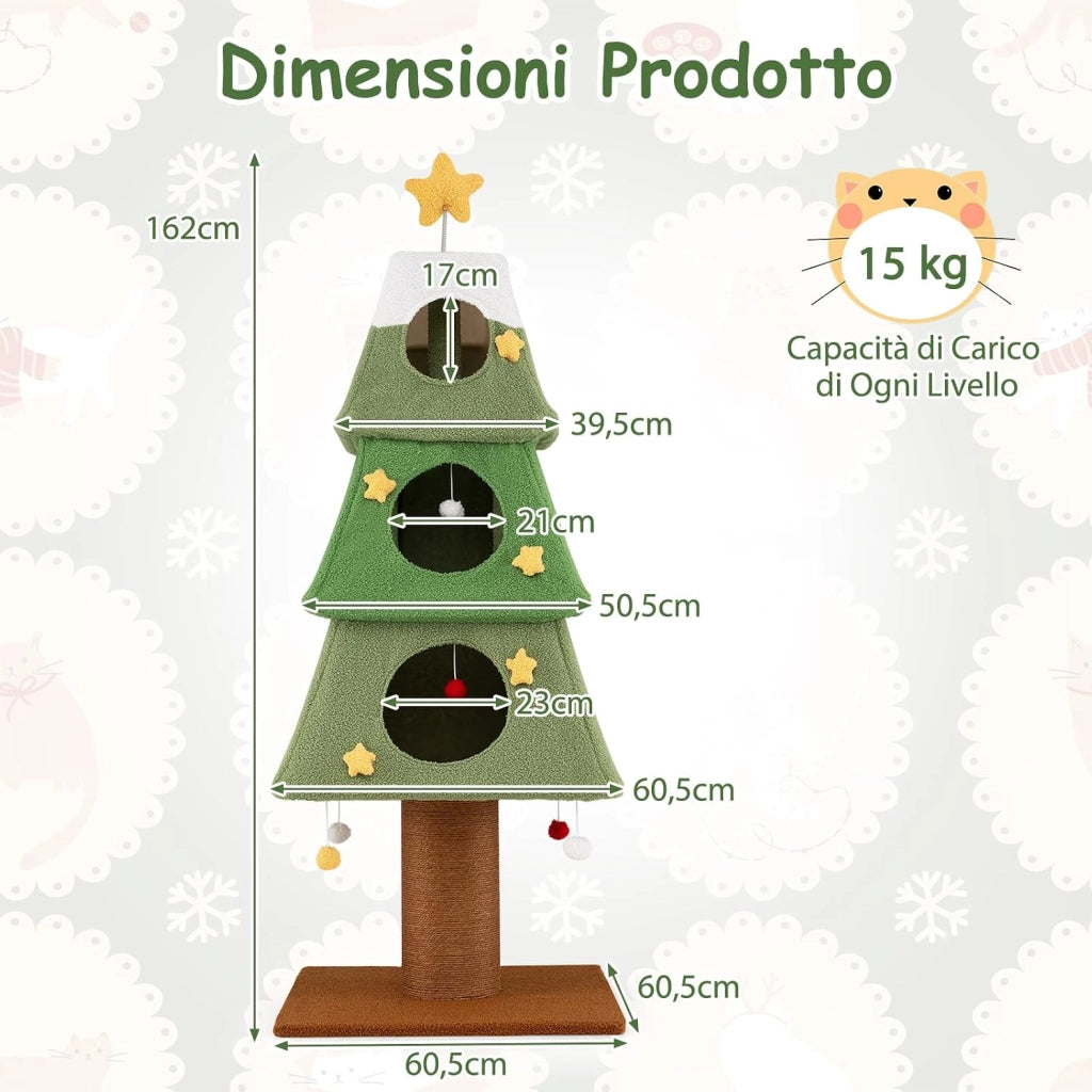 Albero per Gatti da Interno, Tiragraffi per Gatti Alto 162 cm con 3 Condo, Palo Tiragraffi in Sisal e Palline Pendenti, Mobile per Arrampicata per Decorazione Festiva