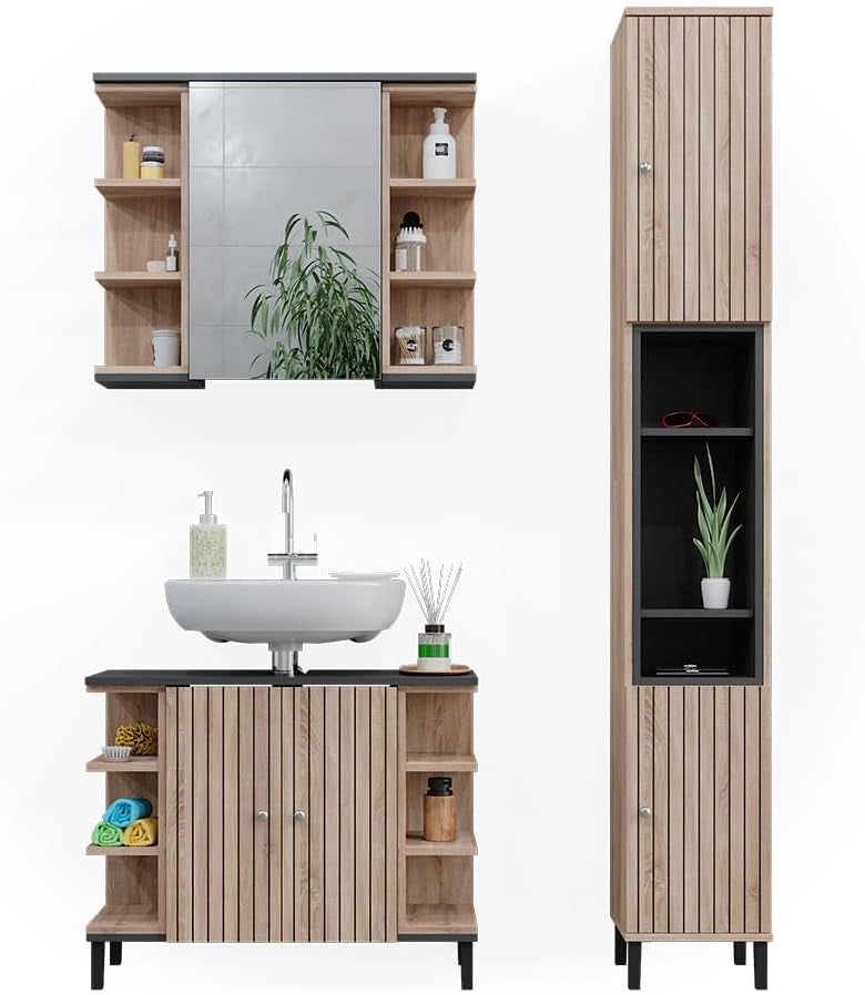 Set di mobili da bagno Aquis, Sonoma, 79.6 cm, composto da mobile sottolavabo, specchiera e colonna alta