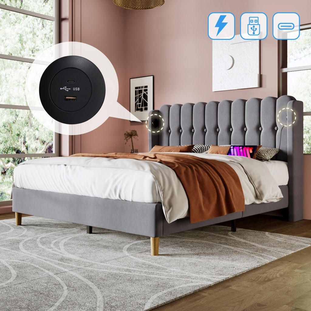 Letto Matrimoniale 140×200 cm; Letto Imbottito con USB e Type-C; Testiera Imbottita; senza Materasso; Lino; Grigio