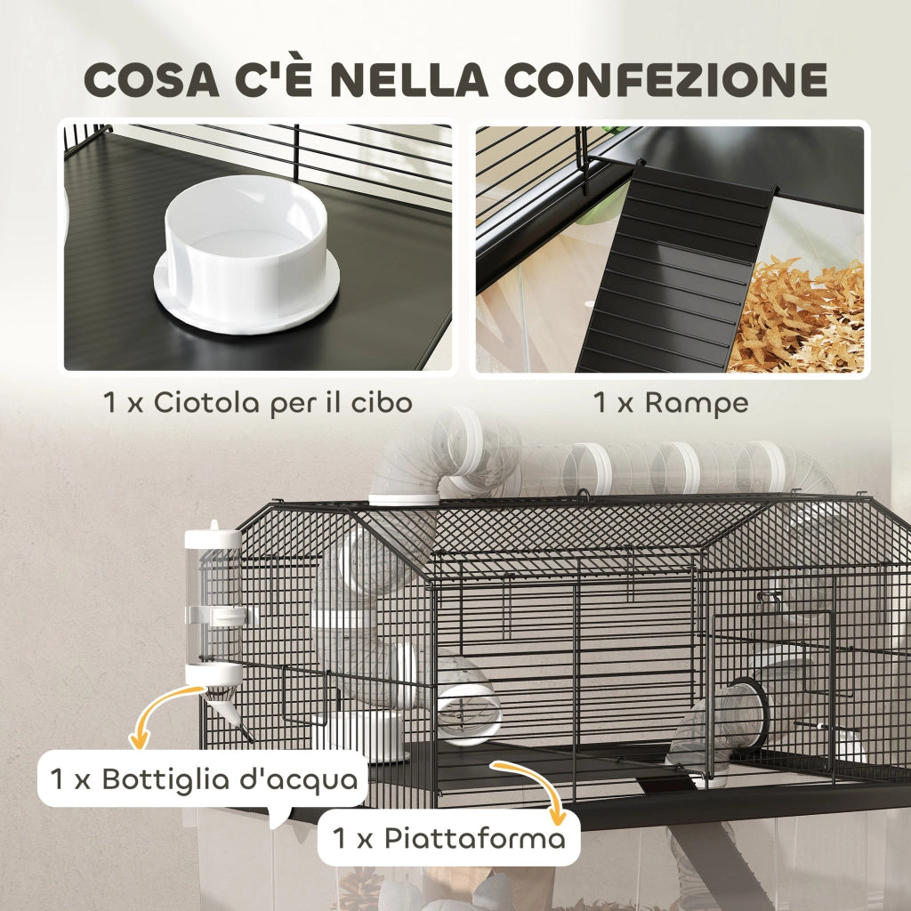 Gabbia per Criceti a 2 Piani con Ruote, Tubi, Ciotola, Bottiglia e Rampa, 58x43x57 cm, Nero