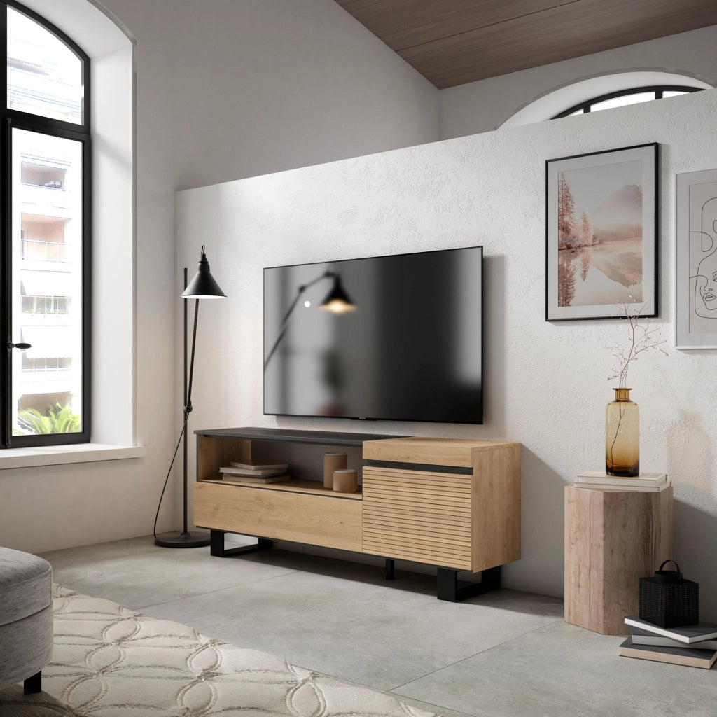 Mobile TV Soggiorno, 150x35x57cm, Per TV fino a 65", Design industriale, colore Rovere RF3296