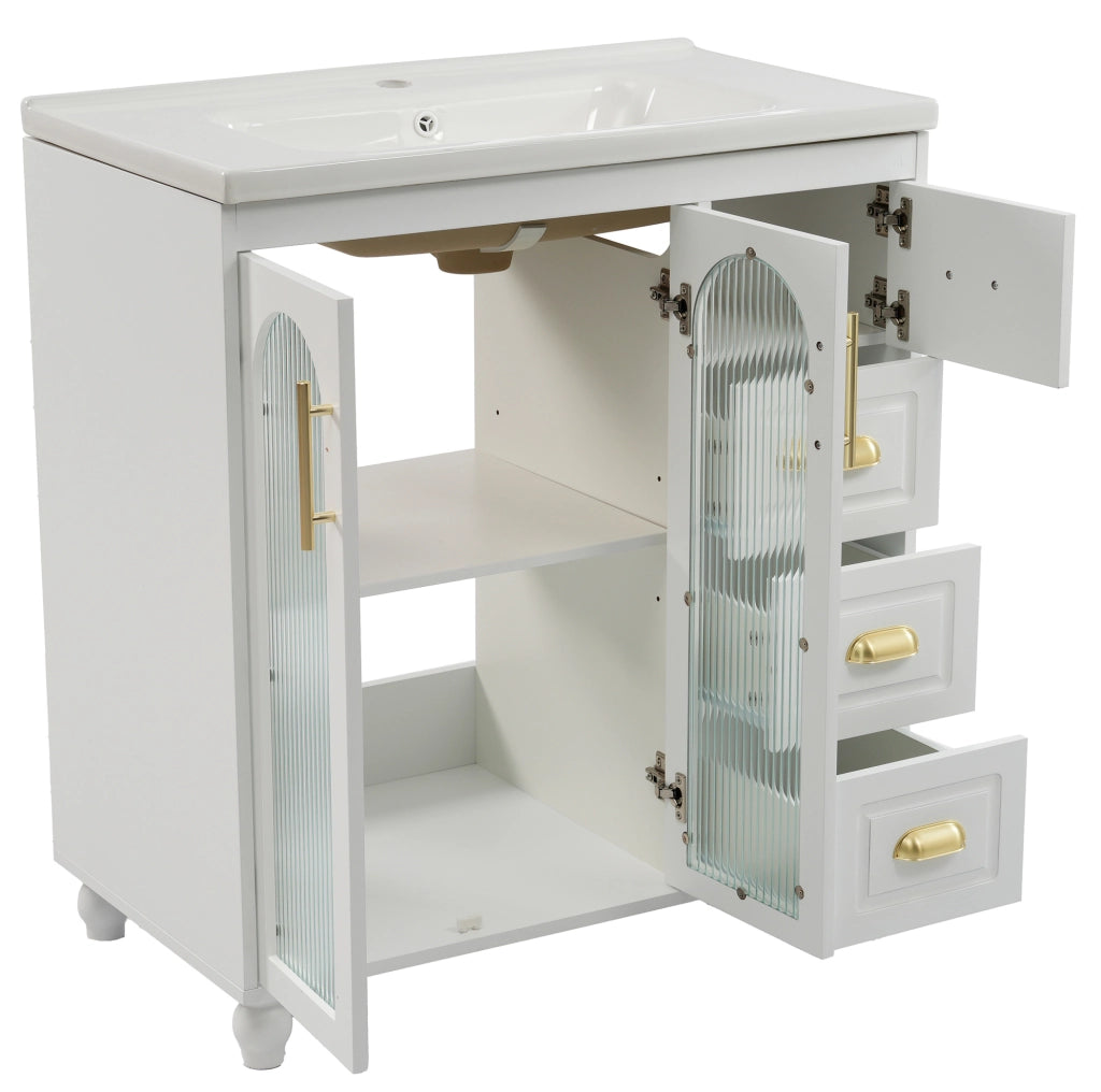 Mobile bagno bianco 80 cm con lavabo in porcellana e 3 cassetti