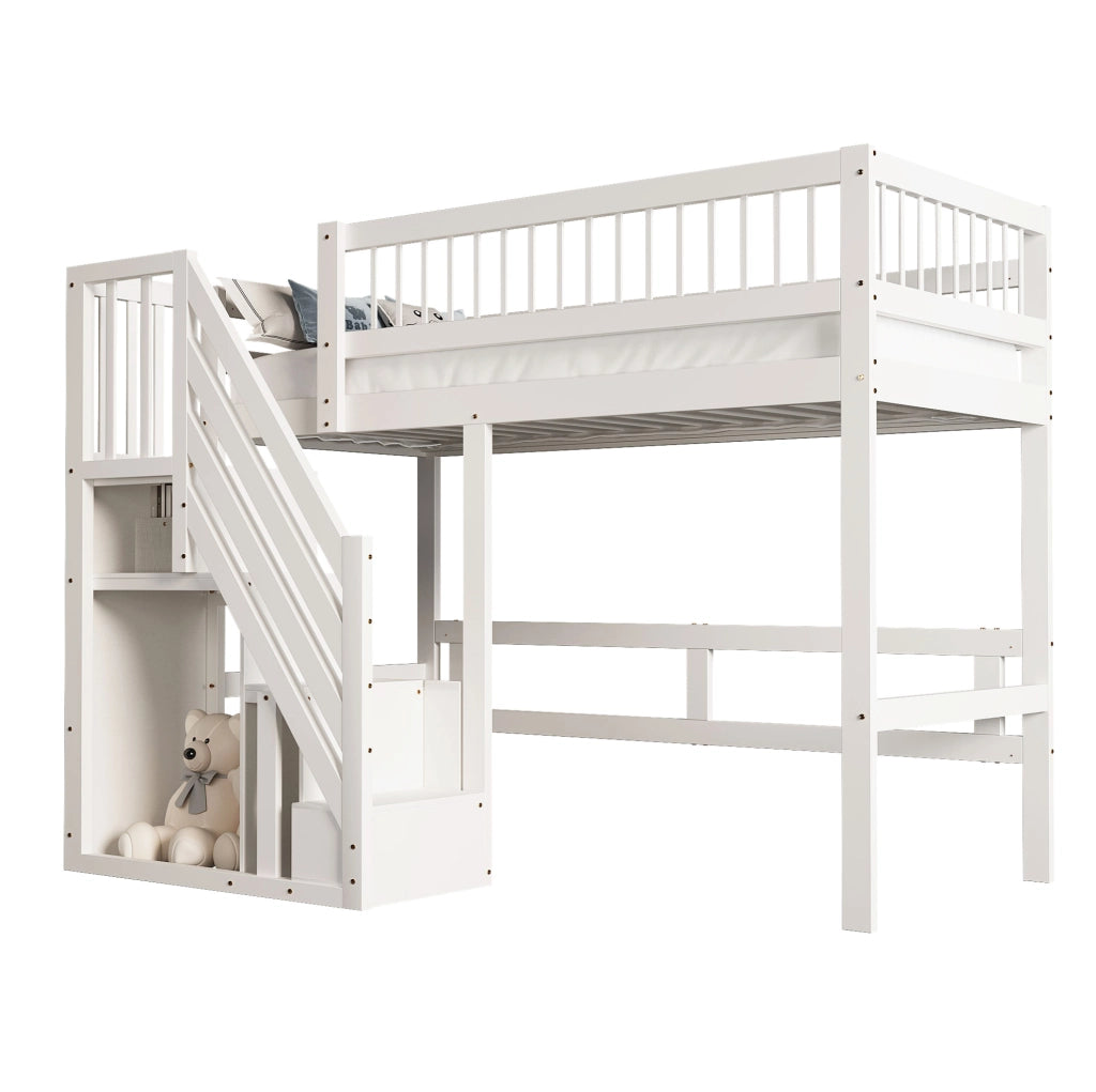 Letto singolo 90x200 cm in legno bianco con scala contenitore e sponde alte