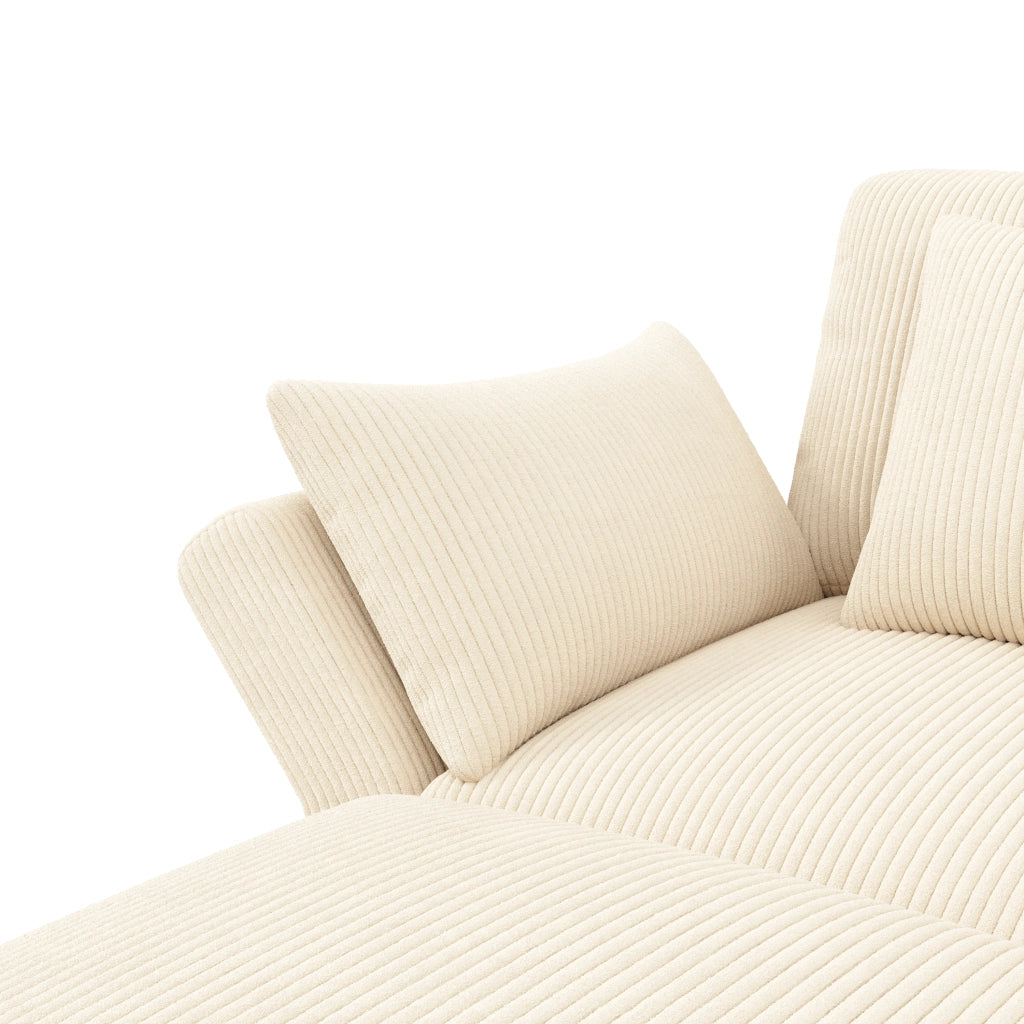 Divano angolare modulare con braccioli regolabili e 2 pouf mobili in tessuto a coste beige 290 × 159,5 × 89 cm