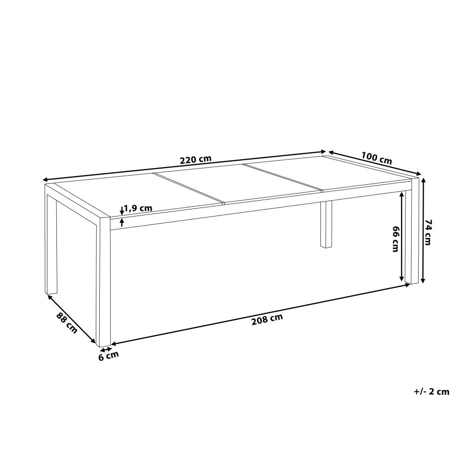 Tavolo da pranzo da giardino Piano in granito grigio e argento Gambe in acciaio inox esterne 8 posti 220 x 100 x 74 cm