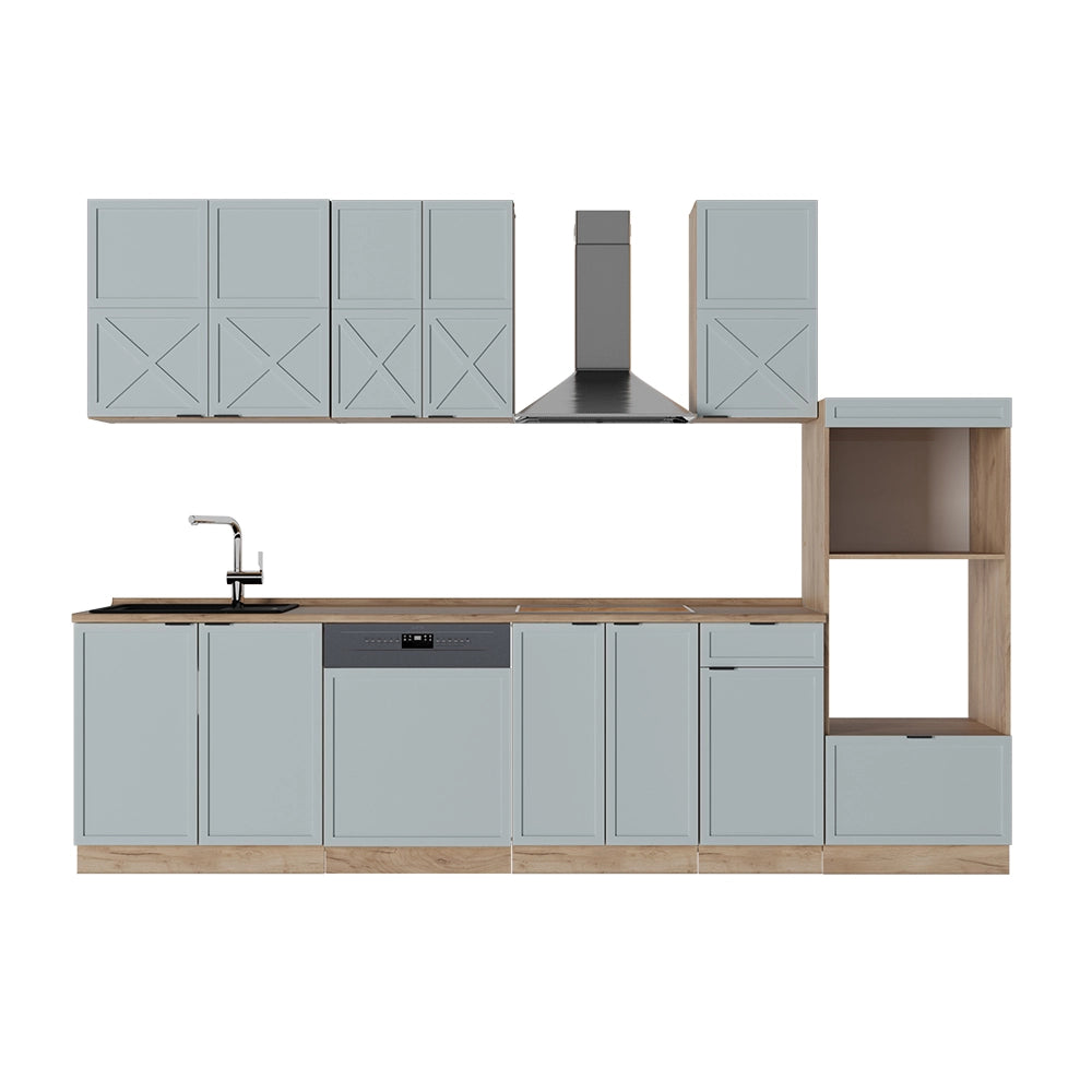 Vicco Cucina componibile Rovere blu-grigio chiaro/oro 300 cm con armadio alto, PL Rovere