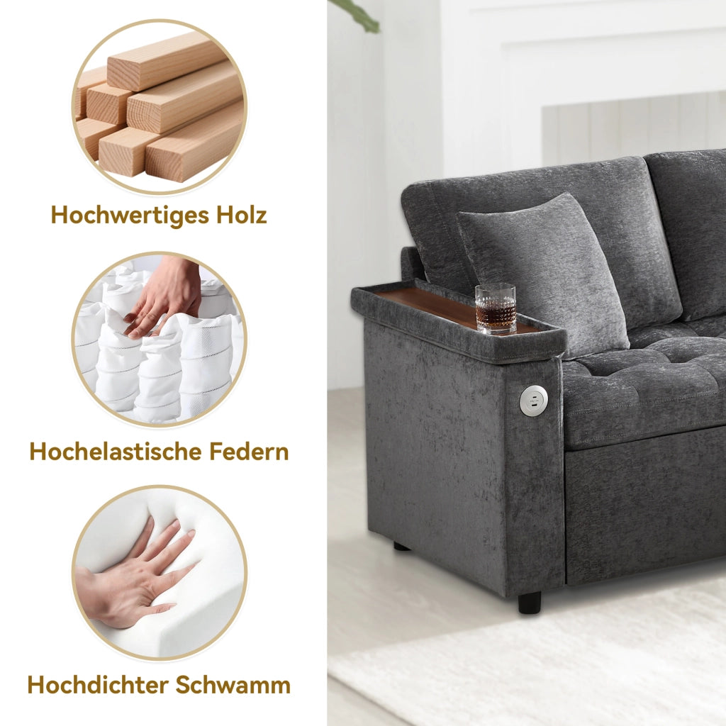 Divano angolare convertibile in chenille con funzione letto, contenitore, USB e portabicchieri per soggiorno grigio scuro
