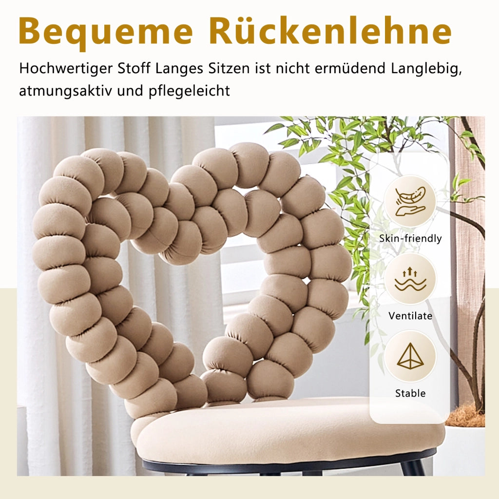 Chaise da pranzo in velluto set da 2 con schienale a cuori e gambe in metallo nero per sala da pranzo camel