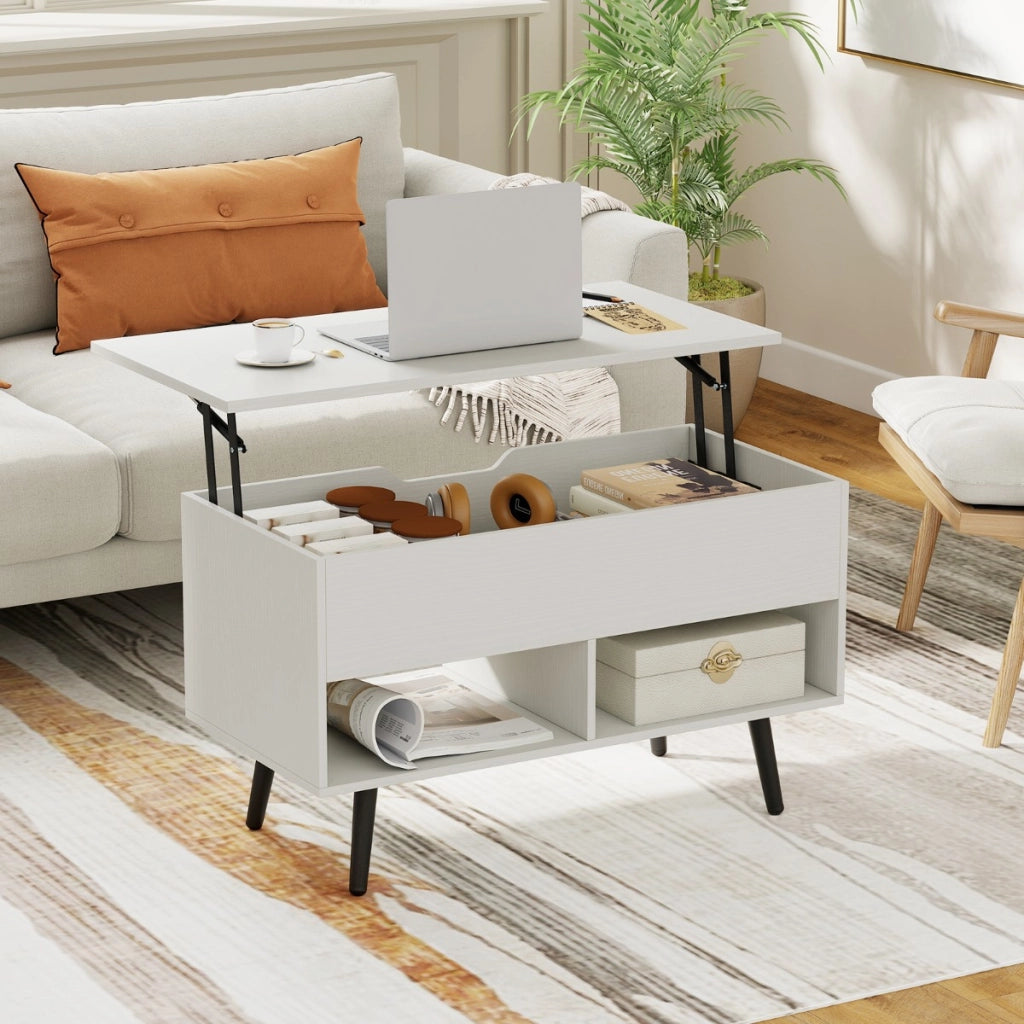 Tavolino da caff¨¨ moderno con scomparto nascosto e 2 scaffali aperti, Tavolino per soggiorno in legno Bianco-Tavolini da salotto