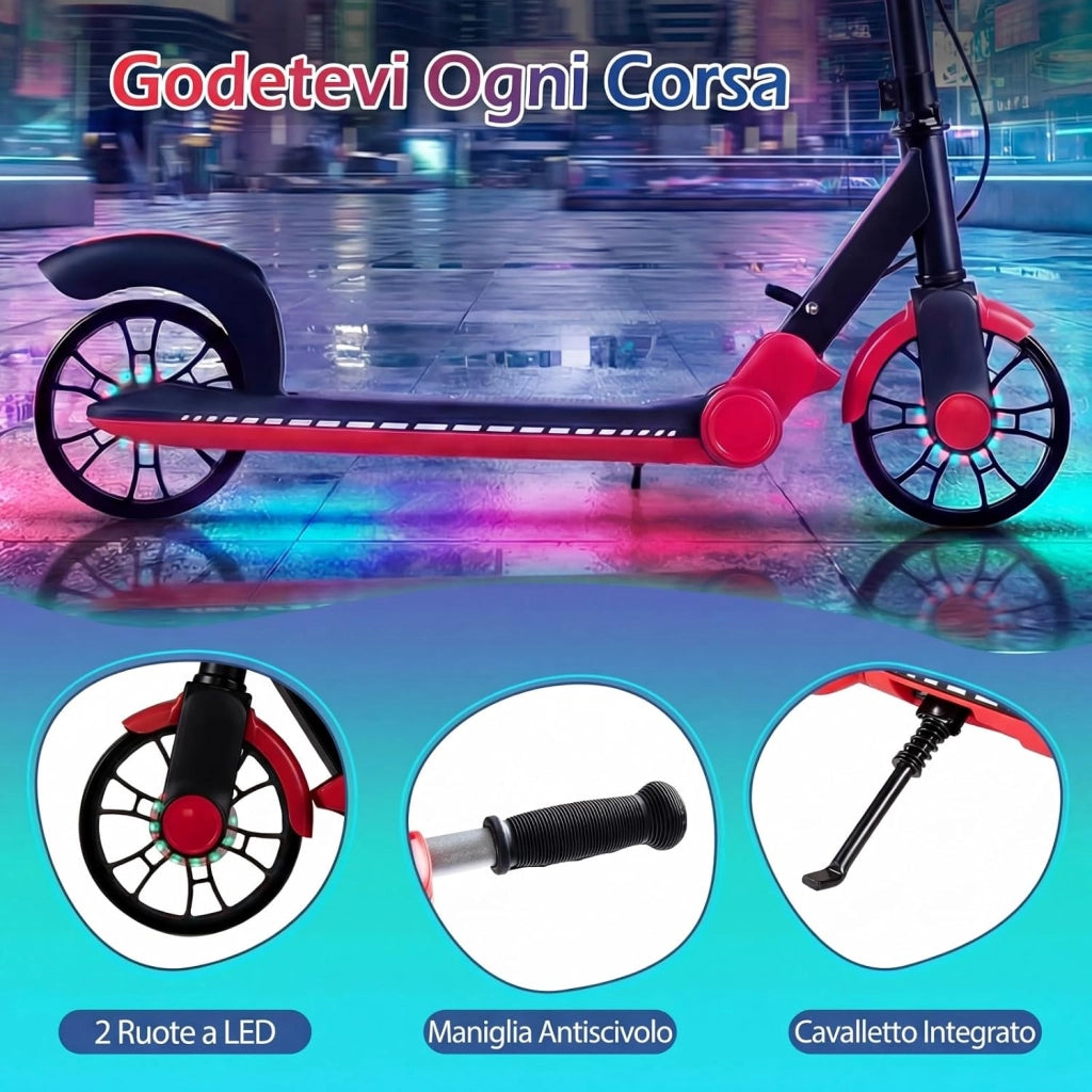 Monopattino Pieghevole con 2 Ruote Luminescenti, Manubrio Regolabile su 3 Altezze, Freno Posteriore, Cavalletto, Telaio in Alluminio Leggero e Pedana Antiscivolo, per Adulti e Bambini