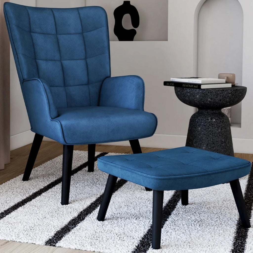 IDMarket - ANIA Poltrona scandinava con poggiapiedi in velluto blu