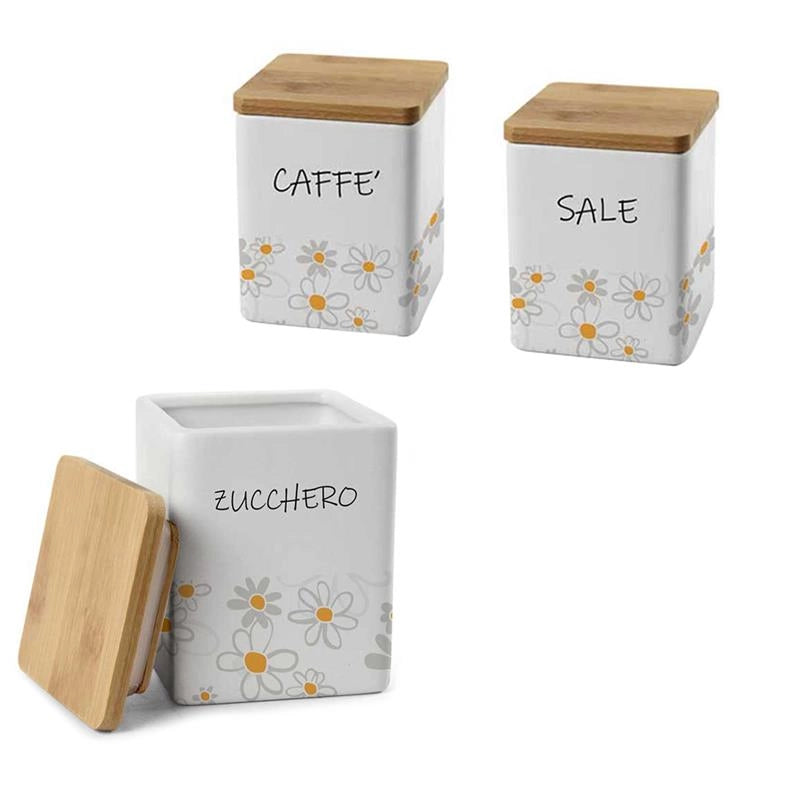 TRIS QUADRATO DAISY SALE,  ZUCCHERO E CAFFÈ IN CERAMICA CON TAPPO IN LEGNO 10X13 CM
