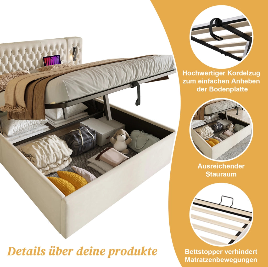 Letto contenitore ULEVR 180x200 cm con 2 comodini, luci LED, USB e Type-C, velluto beige