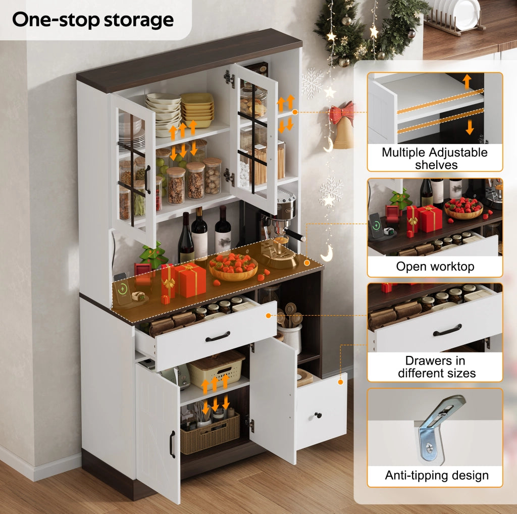 Credenza cucina stile vintage con LED RGB APP; prese USB; ripiani regolabili; 105x40x185 cm; naturale e bianco