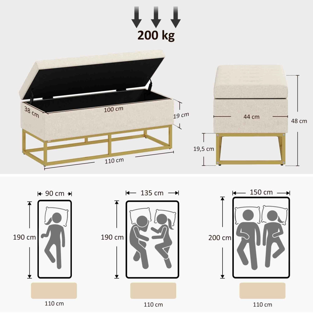 Sgabello con Cassetto ¨C Zephmum ¨C Beige Lino 110x44x48 cm