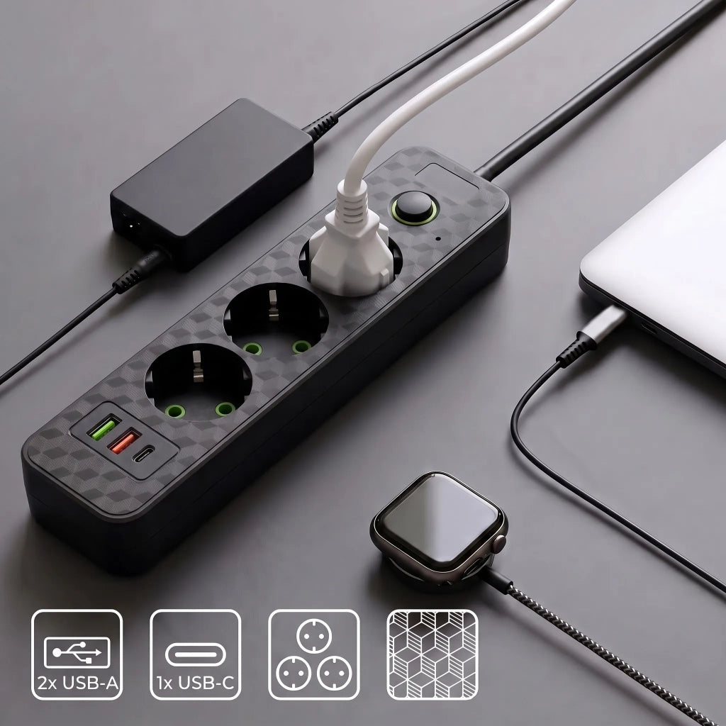 Multipresa Con Prolunga, 3 Prese + 2 Porte Usb-a + Usb-c Jnh020-3a Black