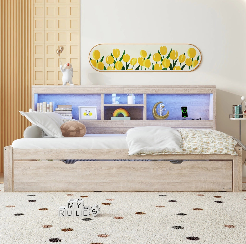 Letto da giorno estraibile 90x200 cm con LED, USB e vano laterale