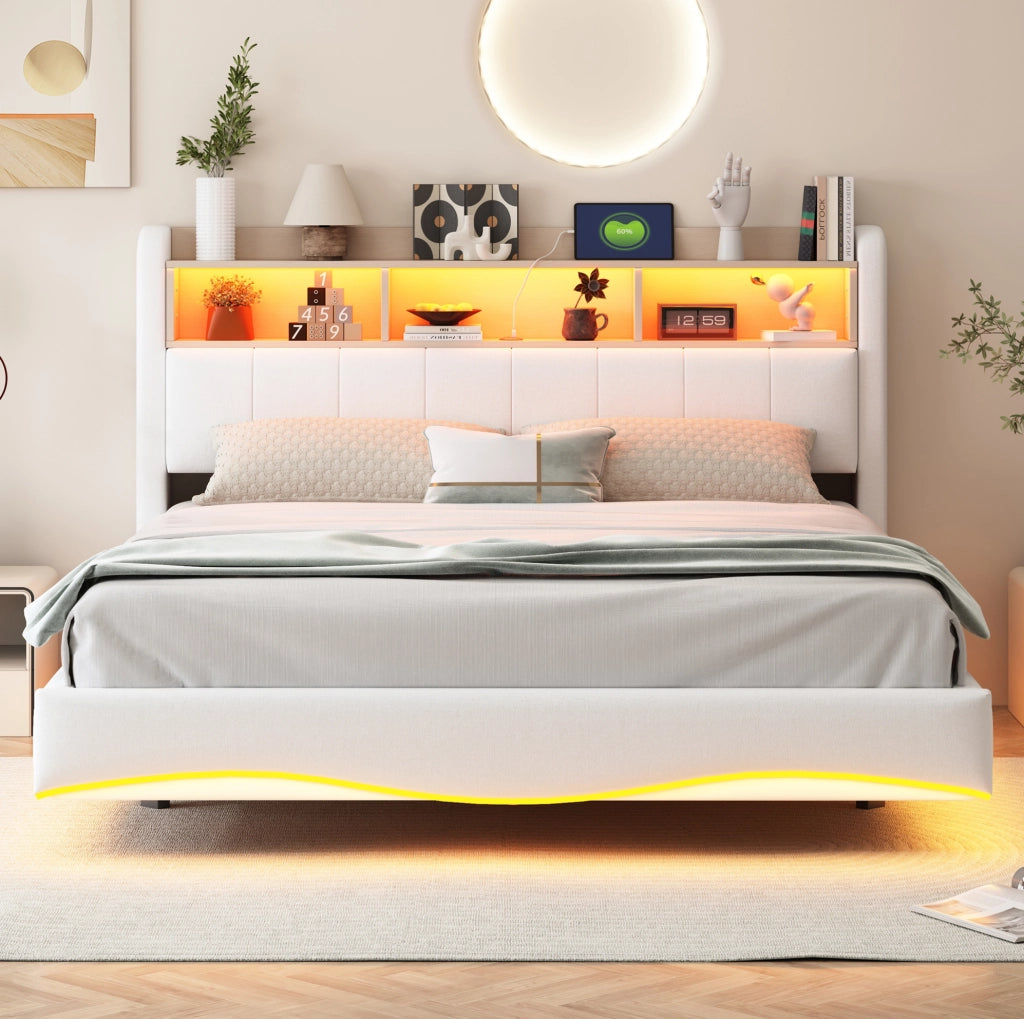 Letto imbottito ULEVR 160x200 cm design sospeso con LED, USB e Type-C, contenitore testiera beige