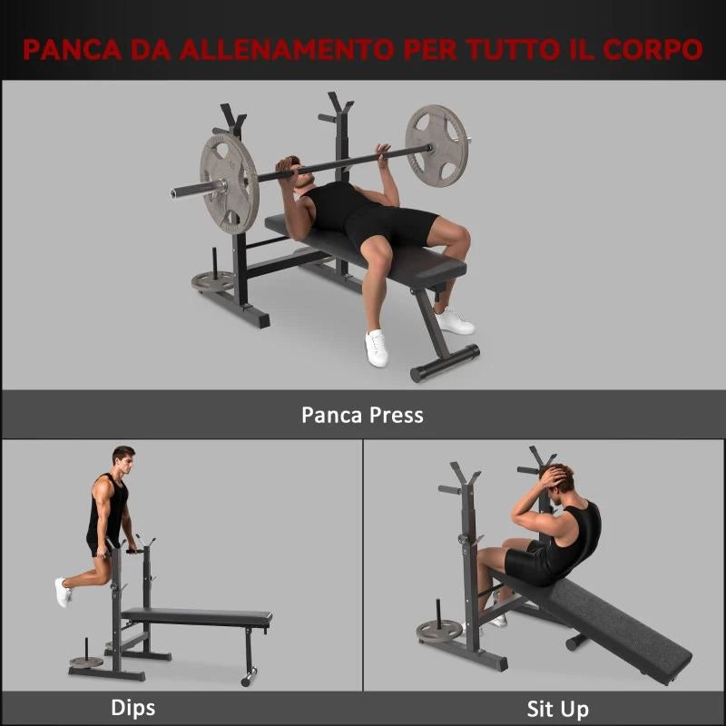 PANCA PESI PIEGHEVOLE CON 8 ALTEZZE REGOLABILI E SUPPORTO BILANCIERE IN ACCIAIO E PU, 140X73X98-122 CM, GRIGIO