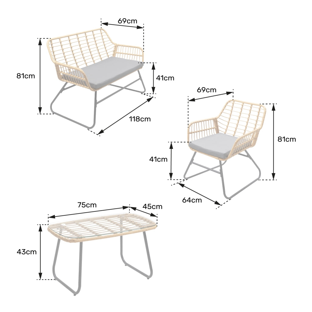 Set di mobili da giardino TIGA in resina intrecciata 4 posti - cuscini grigi