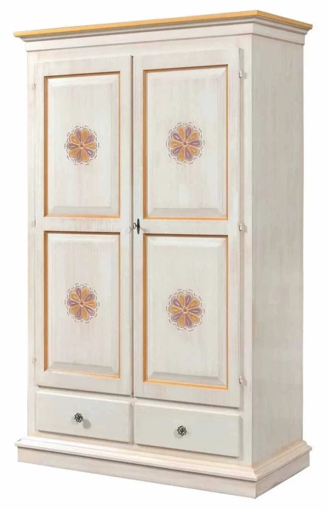Armadio 2 porte legno shabby avorio pennellato e decori 125x61x200 - Mobili 2G