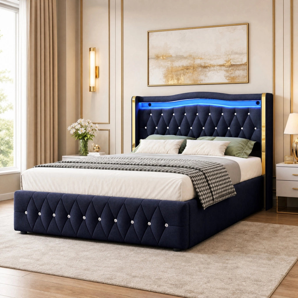 Letto contenitore 140 × 200 cm 2 posti con LED multicolore e vano idraulico, senza materasso, velluto nero