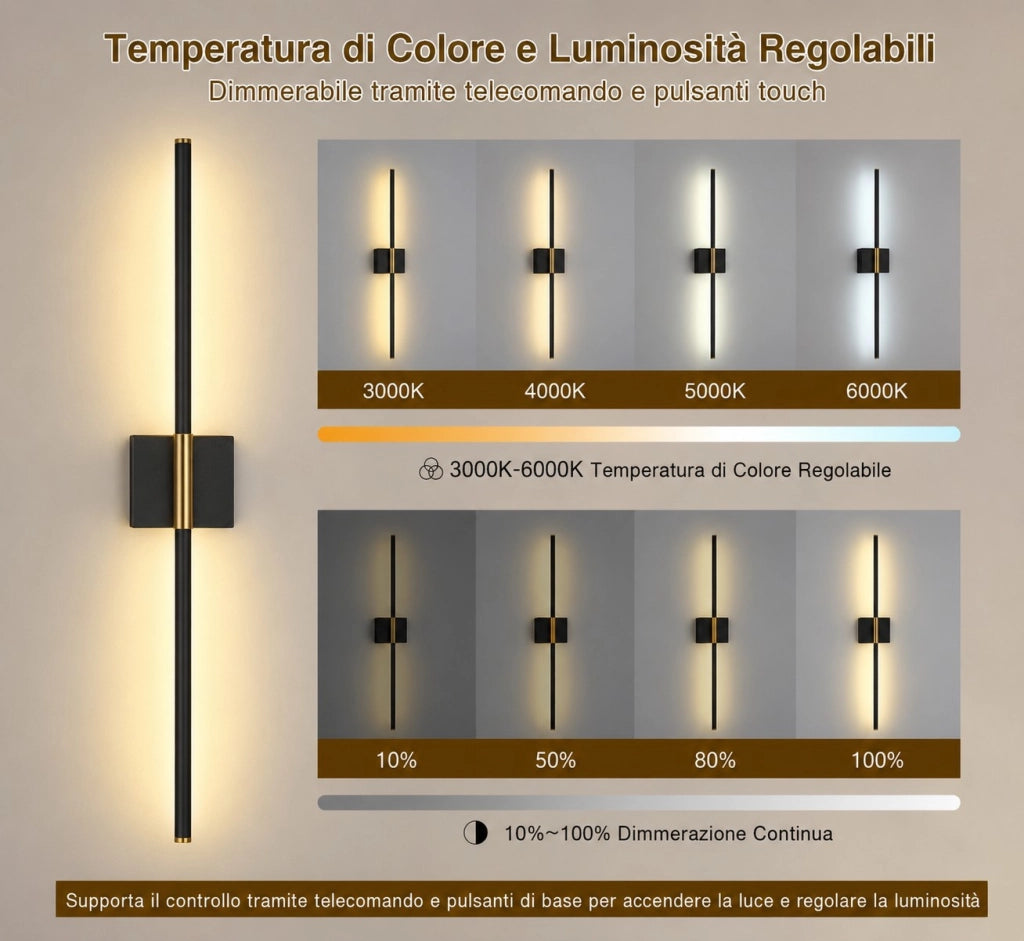 Coppia Applique LED Lineari Senza Fili 70CM Ricaricabili USB con Telecomando Touch e Rotazione 350° Nero Oro