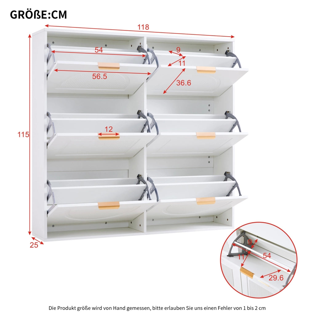 Mobile portascarpe bianco con 6 ribalte; struttura sottile 118x25x115 cm in MDF e truciolare