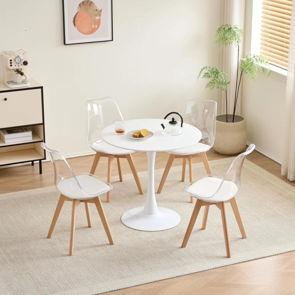 GrandCA HOME Tavolo da Pranzo con 4 Sedie, Tavolo da Pranzo Rotondo Moderno Bianco da 80 CM, 4 Sedie da Cucina Trasparenti Tulip, per Cucina, Soggiorno (Nere)