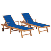 Set di 2 lettini prendisole sedie a sdraio lettini prendisole aiuole da giardino mobili da giardino con cuscini blu reale teak massello 02_0012028