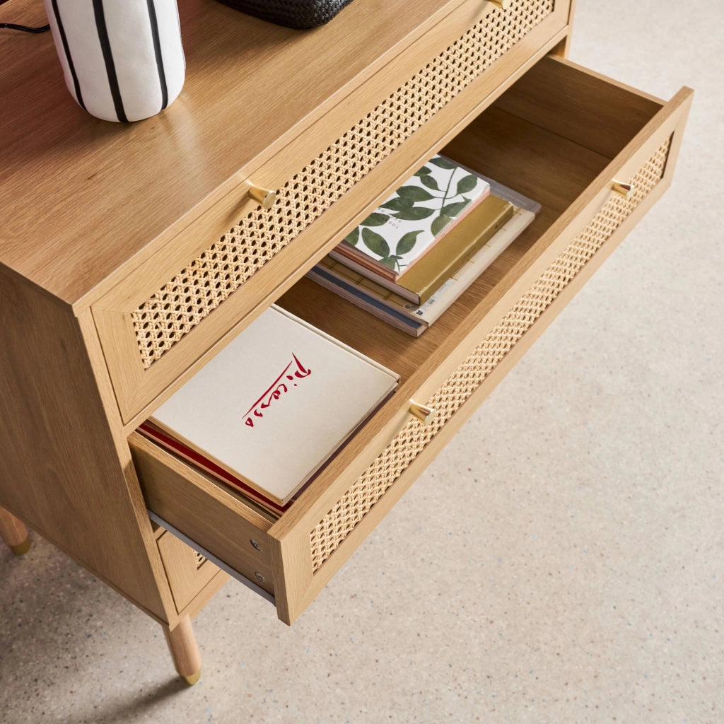 Cassettiera decorazione legno e cannage 3 cassetti, marrone naturale