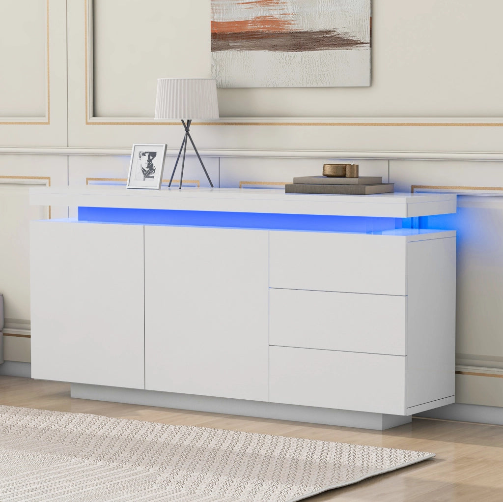 Credenza con LED RGB, 2 ante e 3 cassetti, bianca