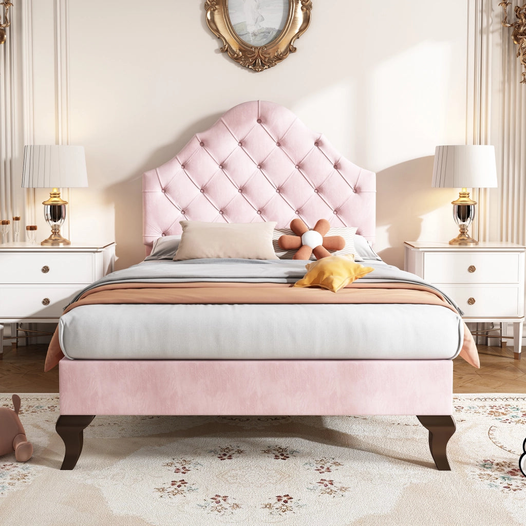 Letto Singolo 90x200 cm con Testiera Regolabile e Rete a Doghe in Velluto Rosa