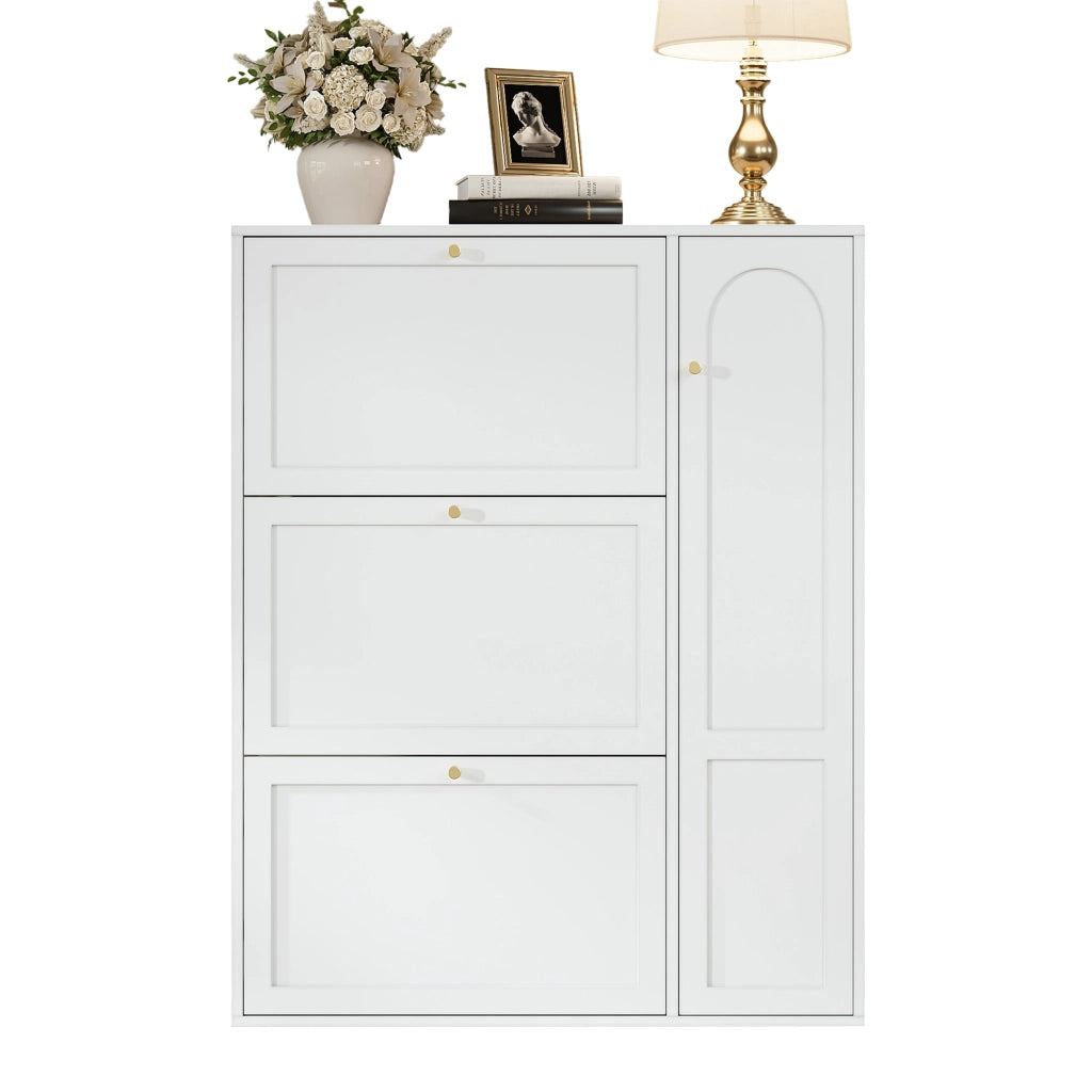 Mobile portascarpe stretto a 3 ribalte con 1 anta, design salvaspazio, bianco, 90x25x114 cm