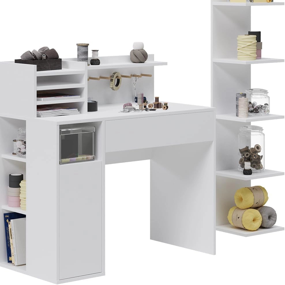 Scrivania, Bianco, 2 parti, con libreria, con piano d’appoggio aperto per materiali da lavoro
