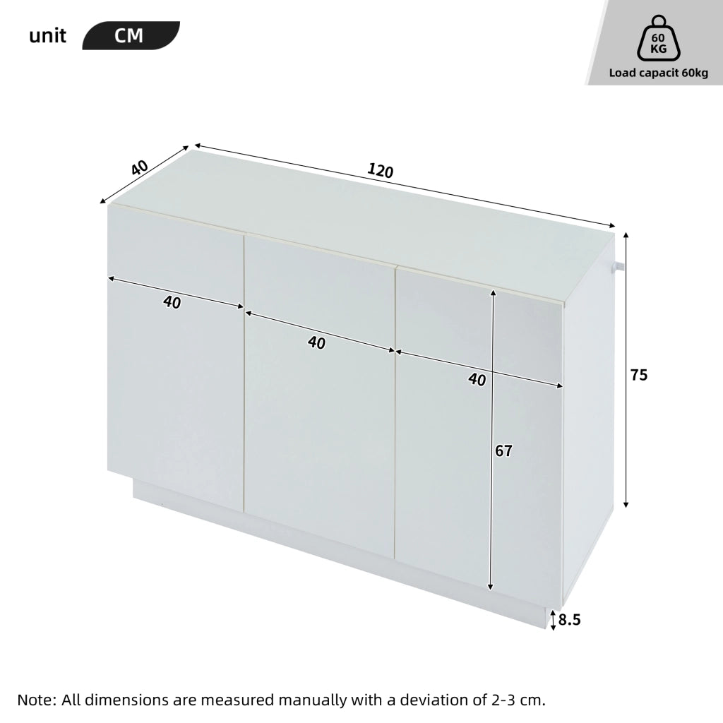 Credenza bianca lucida con luce LED, 120x40x75 cm, in pannello truciolare, con ante regolabili e capacit¨¤ 60 kg