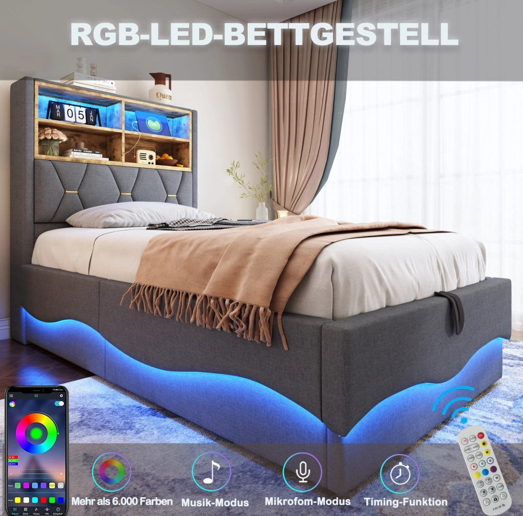 Letto multifunzione per bambini 90x200 cm grigio con LED e USB