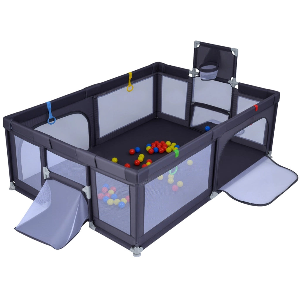 Area giochi sicura con canestro da basket e palline oceaniche-Recinto giochi grande per bambini Grigio scuro