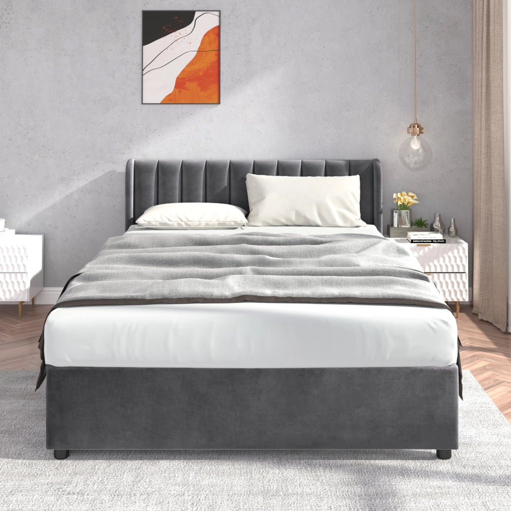Letto matrimoniale 160x200 cm in velluto grigio con rete a doghe, 2 cassetti e testiera alta