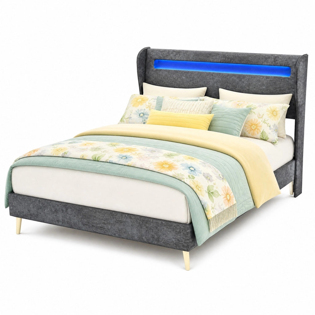 Letto 140 × 200 cm con testiera regolabile e illuminazione LED multicolore in tessuto e metallo grigio